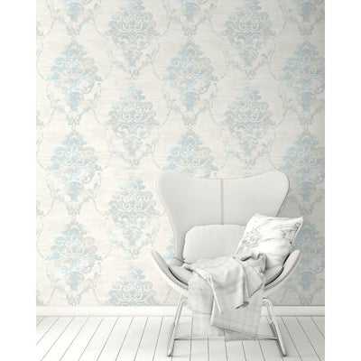 product image of Damask Wallpaper in Blue, Grey, and Off-White from the French Impressionist Collection by Seabrook Wallcoverings 55