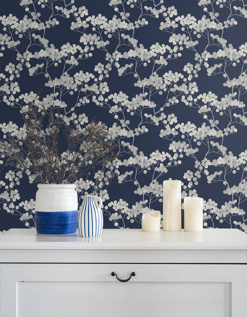 media image for Bayberry Blossom Wallpaper in Navy Blue from Etten Gallerie for Seabrook 288