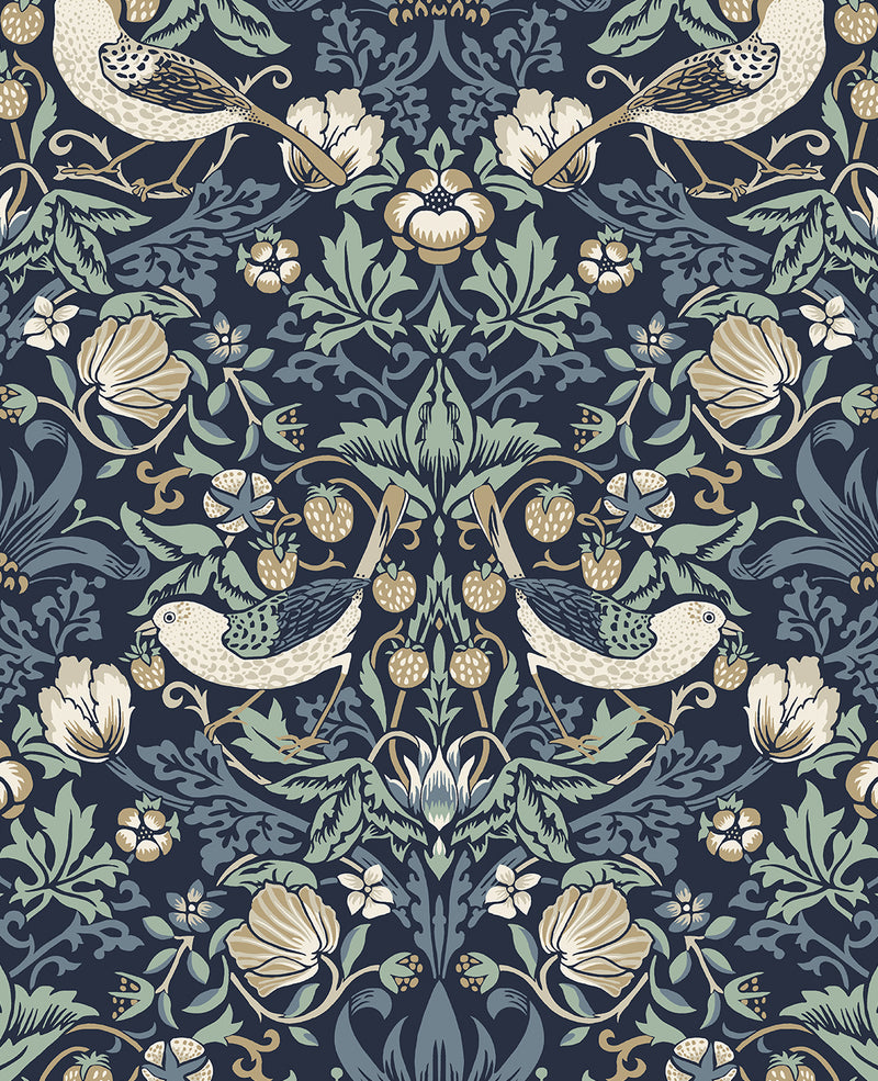 media image for Fragaria Garden Wallpaper in Navy Blue & Aloe 214