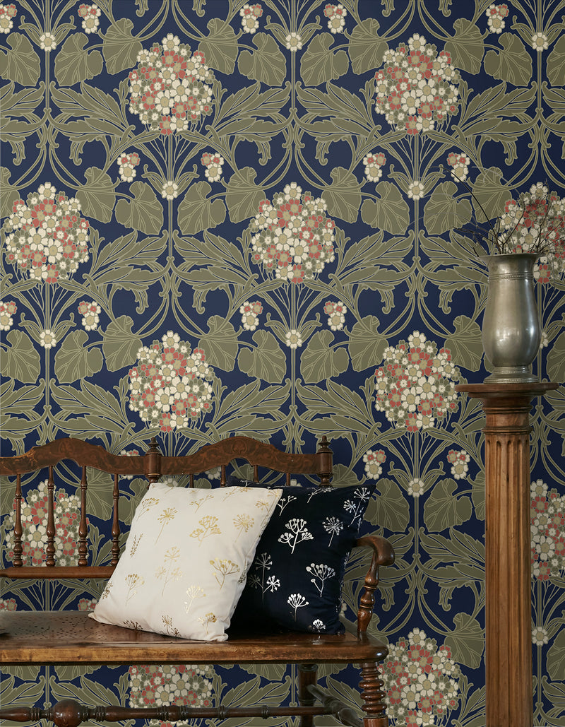 media image for Floral Hydrangea Wallpaper in Navy & Terra Cotta 278