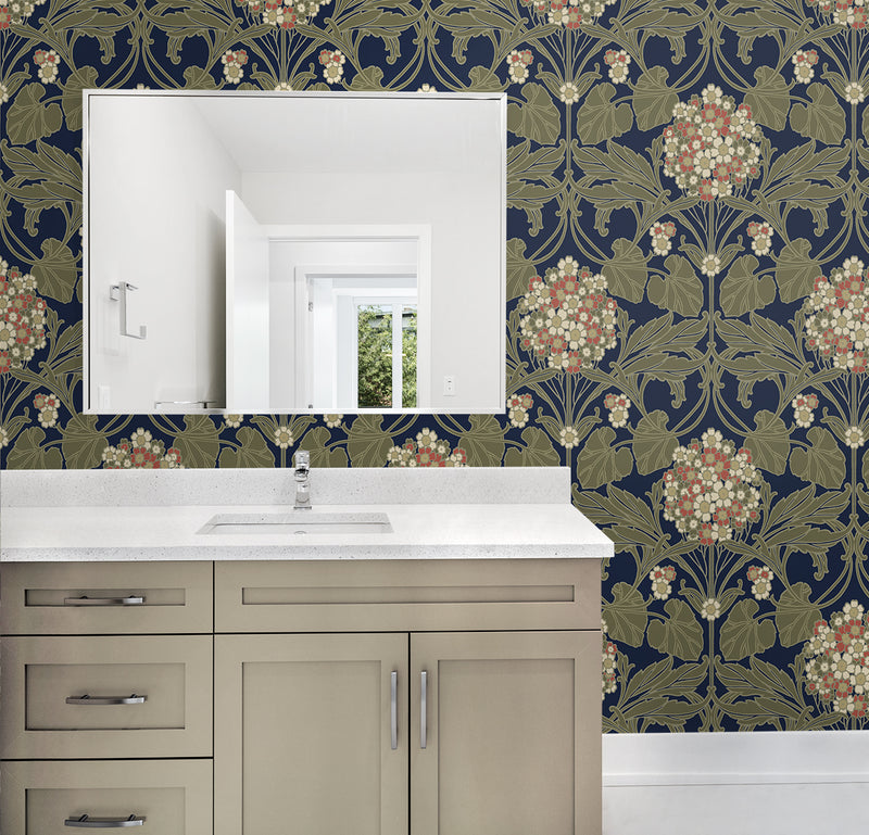 media image for Floral Hydrangea Wallpaper in Navy & Terra Cotta 243