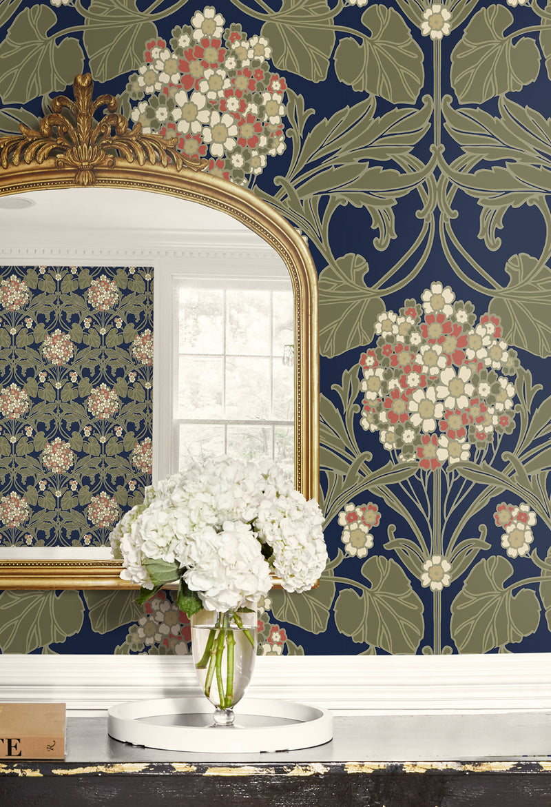 media image for Floral Hydrangea Wallpaper in Navy & Terra Cotta 273