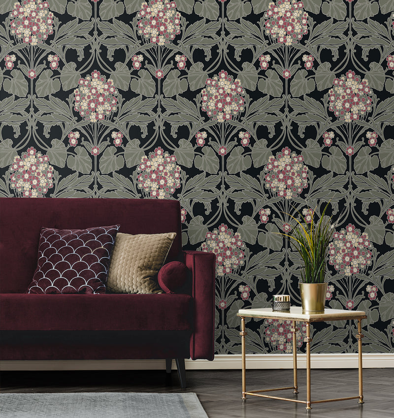 media image for Floral Hydrangea Wallpaper in Ebony & Rose 21