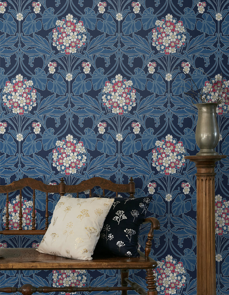 media image for Floral Hydrangea Wallpaper in Naval Blue & Raspberry 293