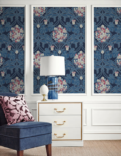 product image for Floral Hydrangea Wallpaper in Naval Blue & Raspberry 74