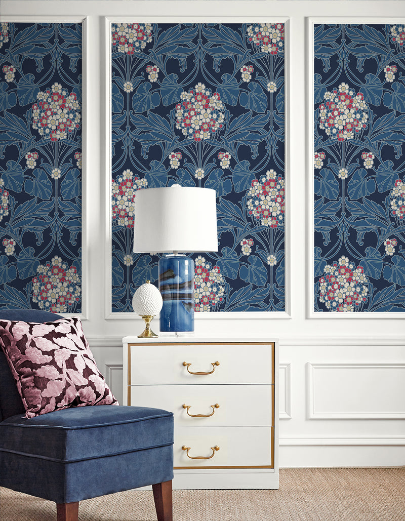 media image for Floral Hydrangea Wallpaper in Naval Blue & Raspberry 272