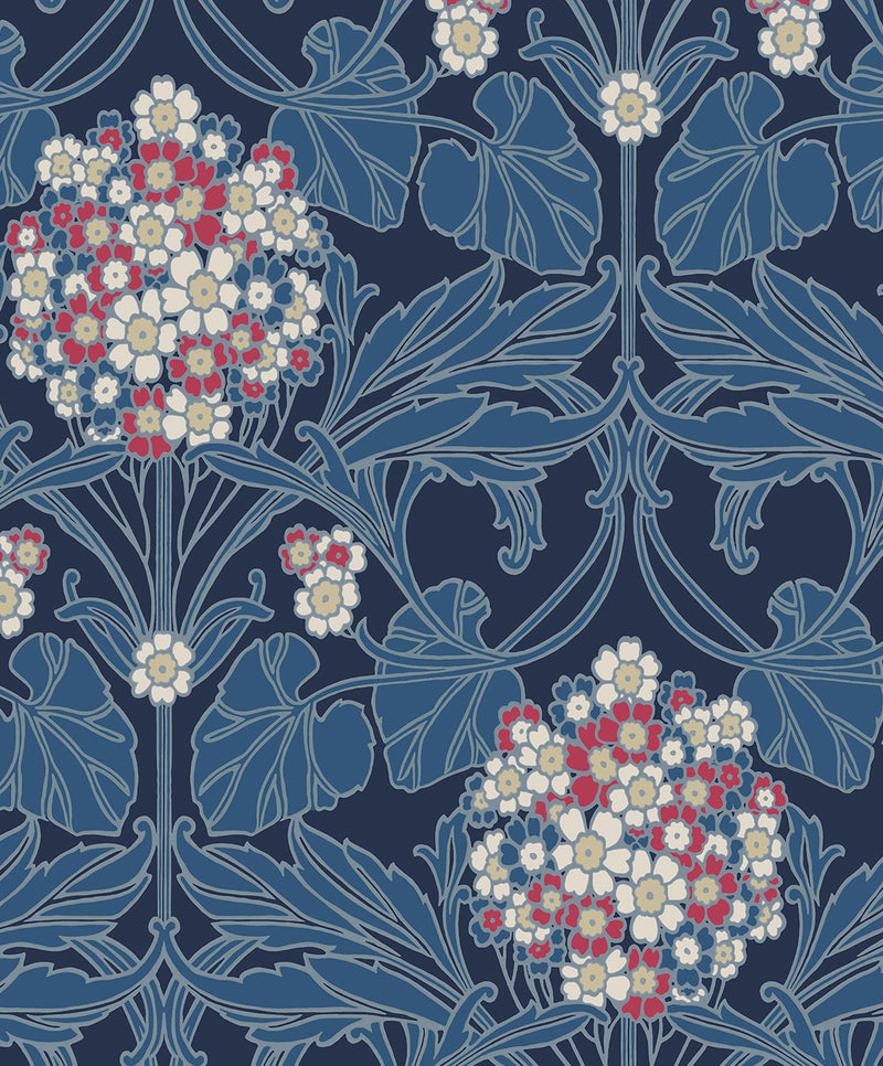 media image for Floral Hydrangea Wallpaper in Naval Blue & Raspberry 217