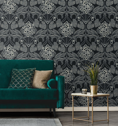 product image for Floral Hydrangea Wallpaper in Ebony & Charcoal 64