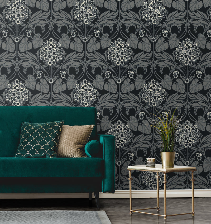 media image for Floral Hydrangea Wallpaper in Ebony & Charcoal 282