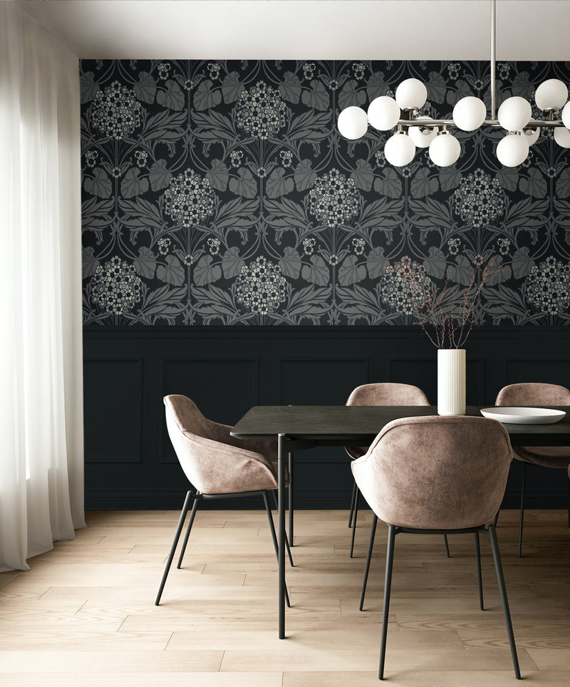 media image for Floral Hydrangea Wallpaper in Ebony & Charcoal 278