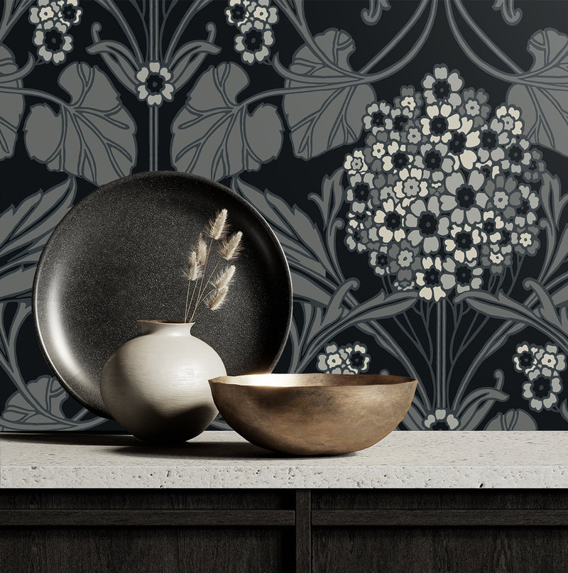 media image for Floral Hydrangea Wallpaper in Ebony & Charcoal 290