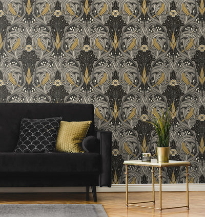 product image for Bird Scroll Wallpaper in Charcoal & Goldenrod 41