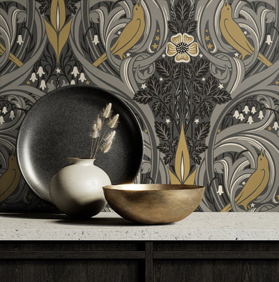 product image for Bird Scroll Wallpaper in Charcoal & Goldenrod 49