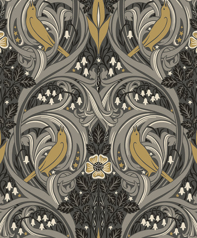 product image for Bird Scroll Wallpaper in Charcoal & Goldenrod 49