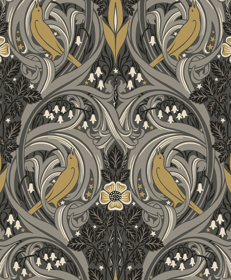 media image for Bird Scroll Wallpaper in Charcoal & Goldenrod 26