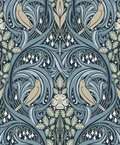 product image of Bird Scroll Wallpaper in Navy & Beige 511