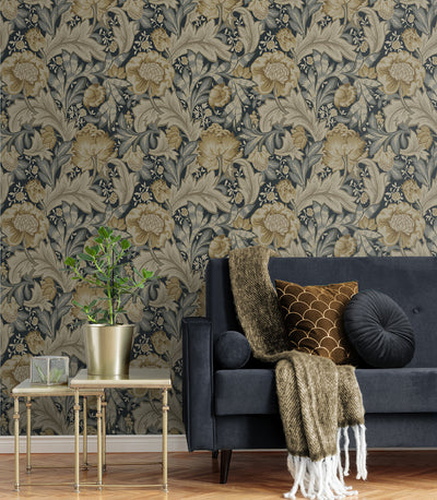 product image for Acanthus Garden Wallpaper in Midnight Blue & Beige 98