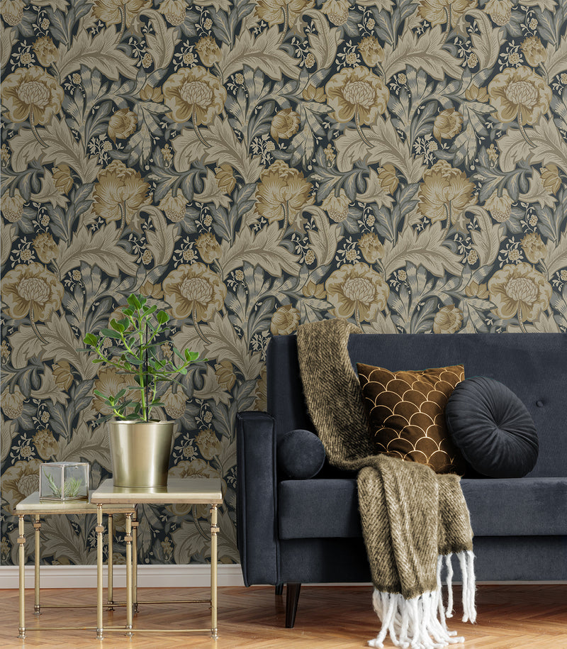 media image for Acanthus Garden Wallpaper in Midnight Blue & Beige 249