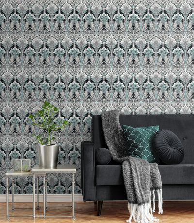 product image for Dragonfly Damask Wallpaper in Ebony & Aqua 70