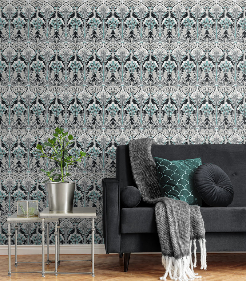 media image for Dragonfly Damask Wallpaper in Ebony & Aqua 215