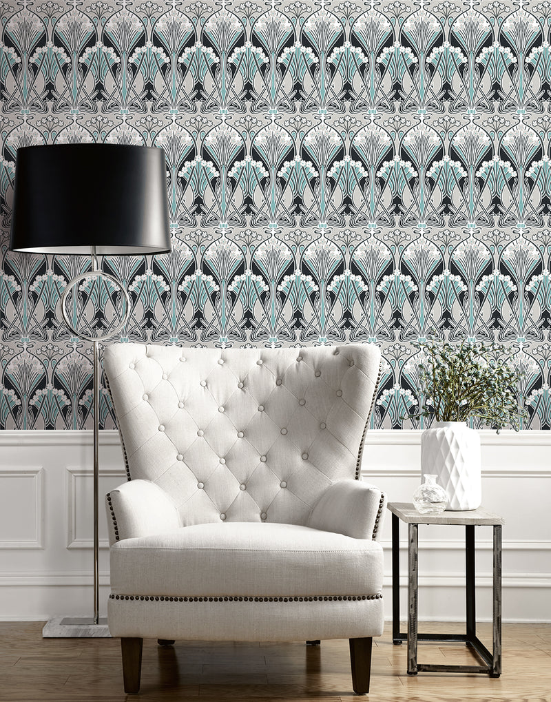 media image for Dragonfly Damask Wallpaper in Ebony & Aqua 248