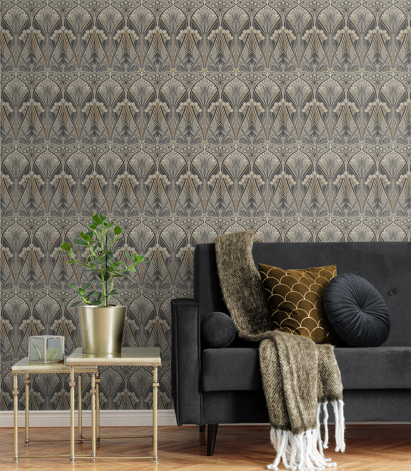 media image for Dragonfly Damask Wallpaper in Bronze & Smoke 295