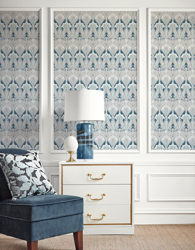 product image for Dragonfly Damask Wallpaper in Aegean Blue & Dewdrop 74