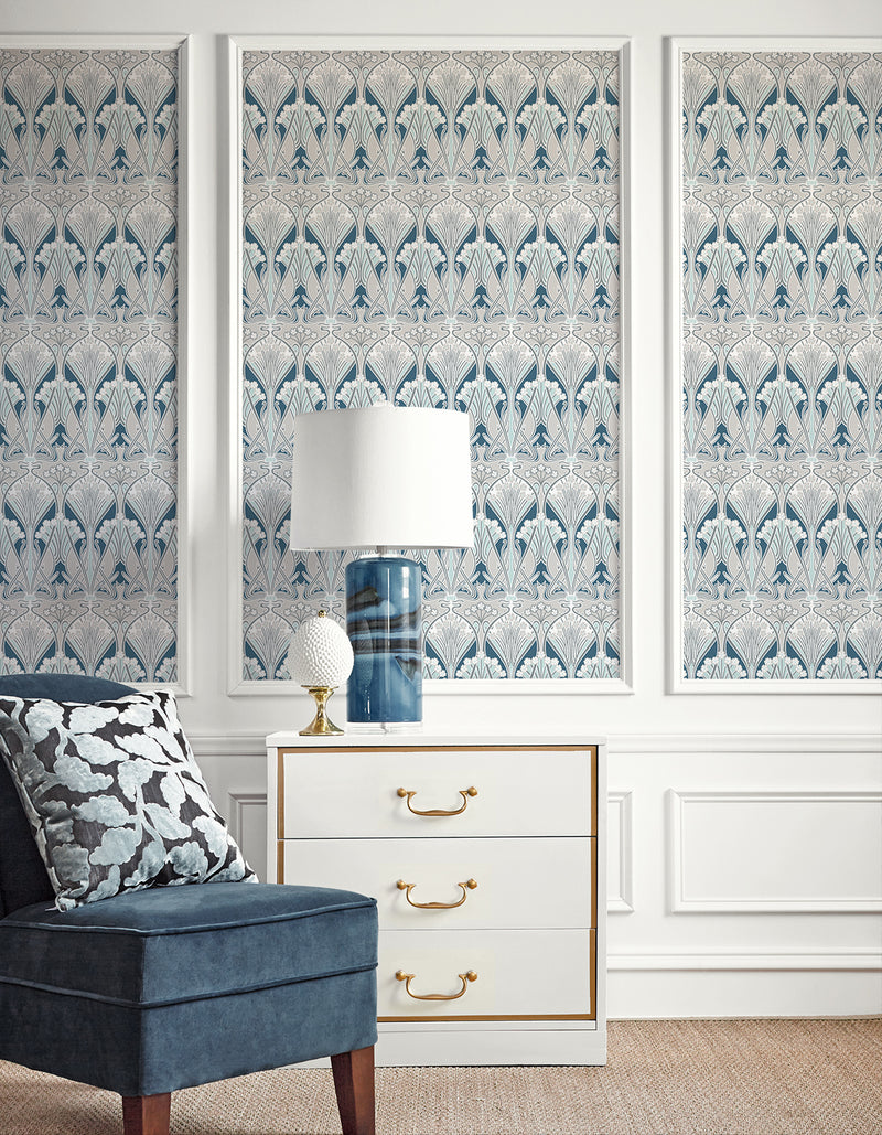 media image for Dragonfly Damask Wallpaper in Aegean Blue & Dewdrop 25