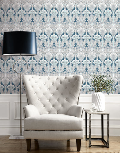 product image for Dragonfly Damask Wallpaper in Aegean Blue & Dewdrop 57