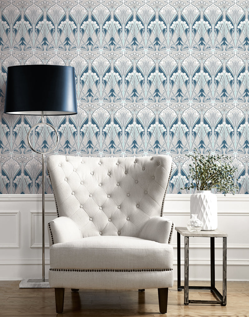 media image for Dragonfly Damask Wallpaper in Aegean Blue & Dewdrop 227