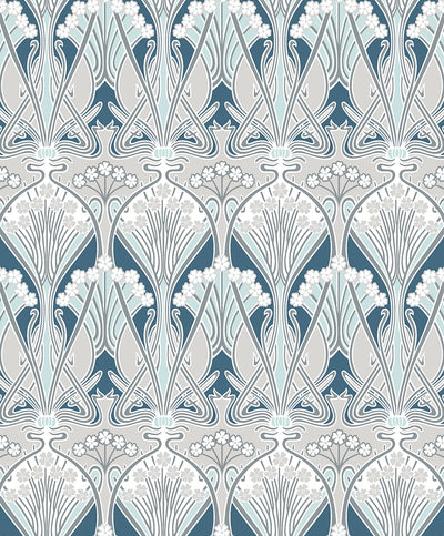 product image for Dragonfly Damask Wallpaper in Aegean Blue & Dewdrop 6