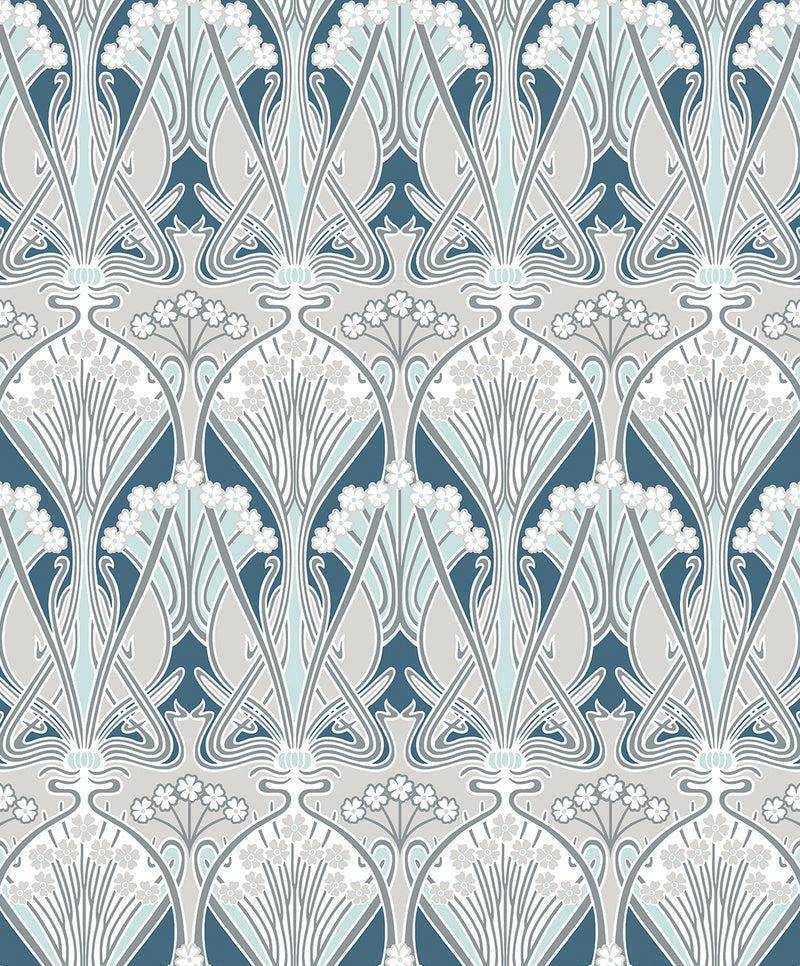 media image for Dragonfly Damask Wallpaper in Aegean Blue & Dewdrop 270