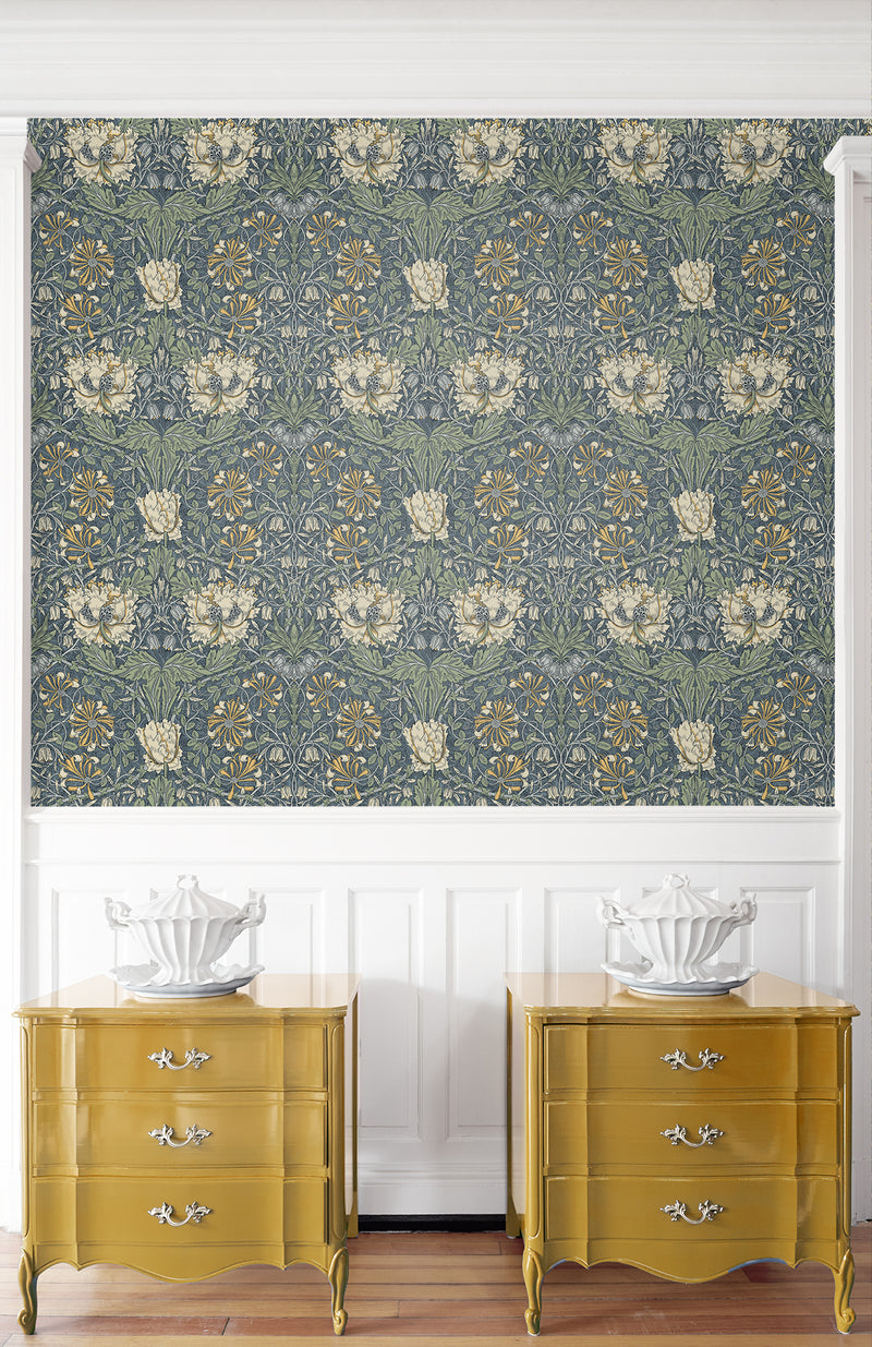 media image for Ogee Flora Wallpaper in Blue Lake & French Vanilla 215