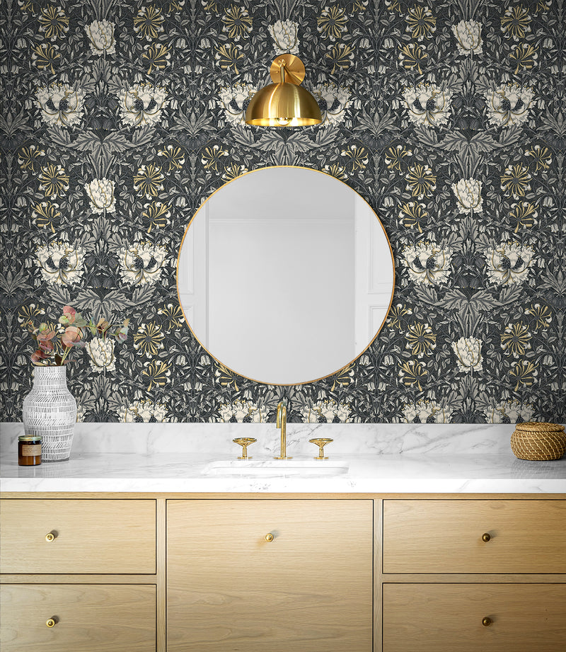 media image for Ogee Flora Wallpaper in Charcoal & Goldenrod 240