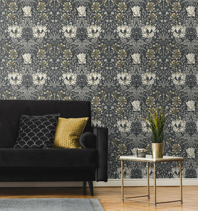 product image for Ogee Flora Wallpaper in Charcoal & Goldenrod 94