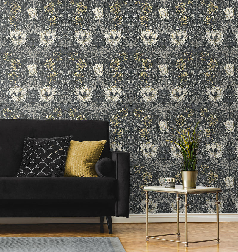 media image for Ogee Flora Wallpaper in Charcoal & Goldenrod 238