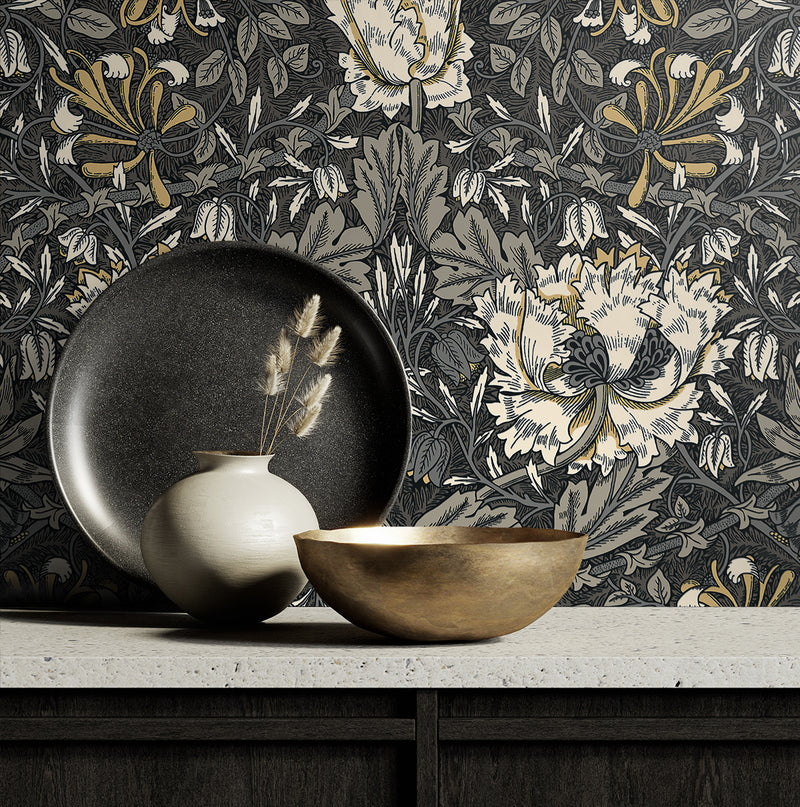 media image for Ogee Flora Wallpaper in Charcoal & Goldenrod 220