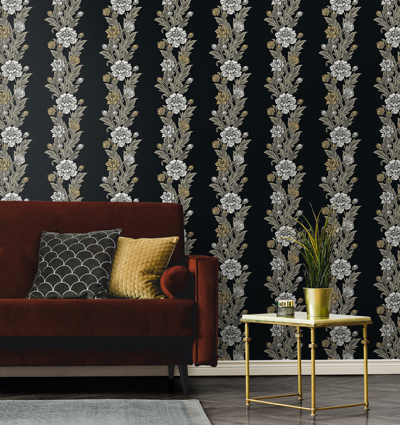 media image for Blooming Stripe Wallpaper in Ebony & Goldenrod 254