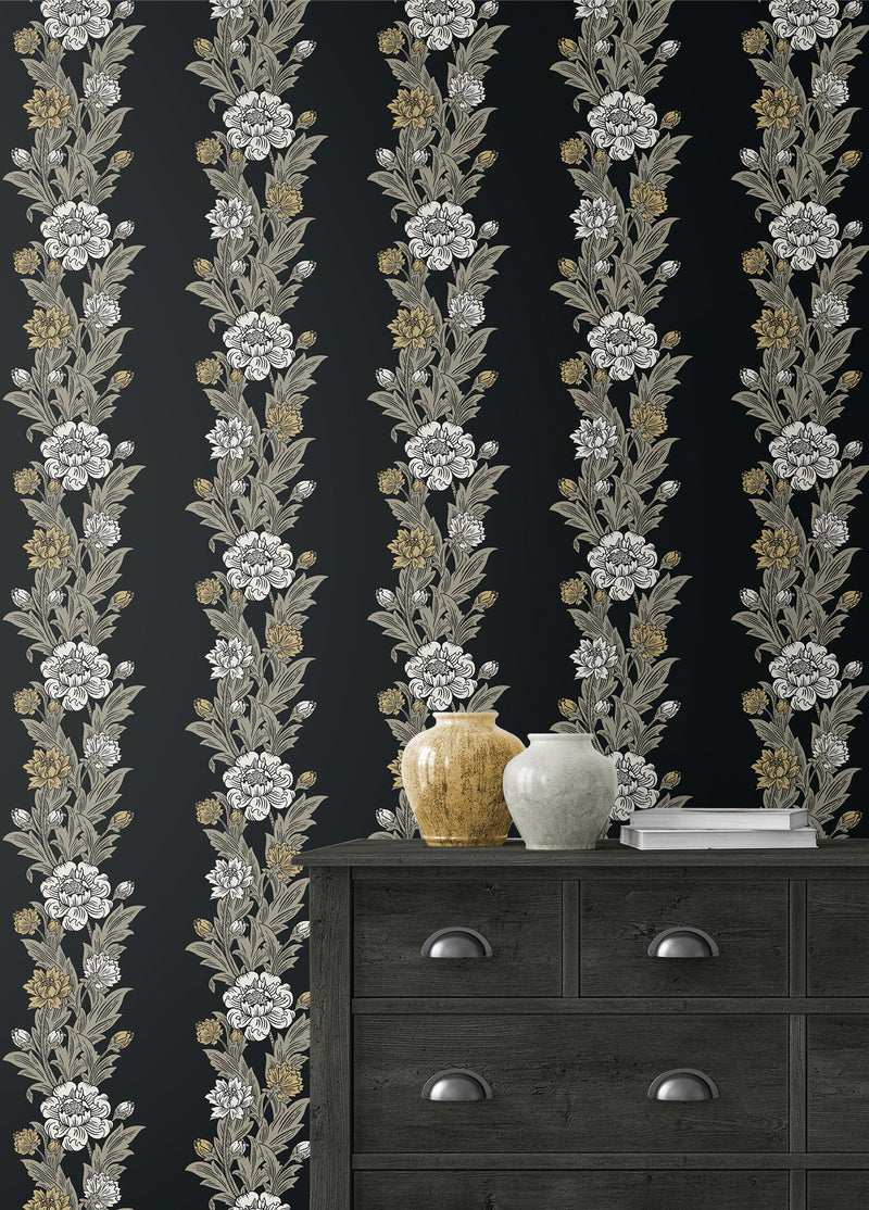 media image for Blooming Stripe Wallpaper in Ebony & Goldenrod 247