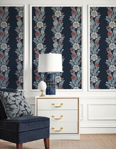 product image for Blooming Stripe Wallpaper in Deep Navy & Berry 49