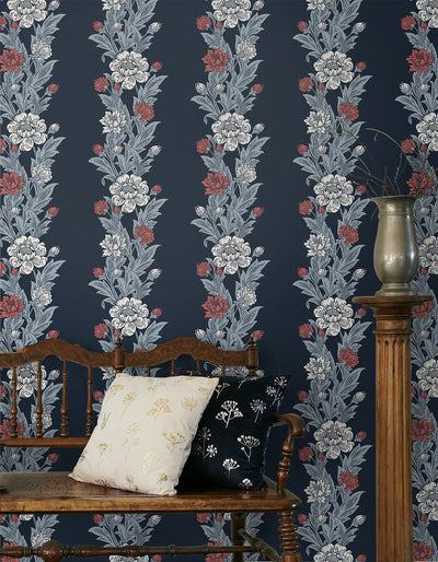 product image for Blooming Stripe Wallpaper in Deep Navy & Berry 75