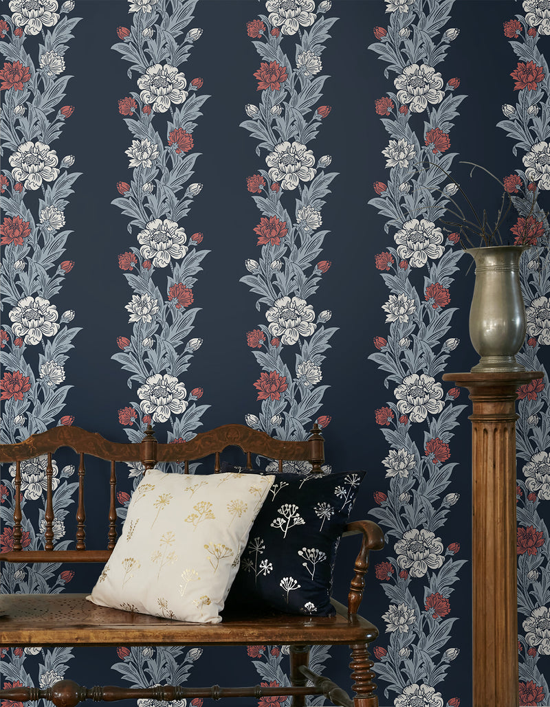 media image for Blooming Stripe Wallpaper in Deep Navy & Berry 261