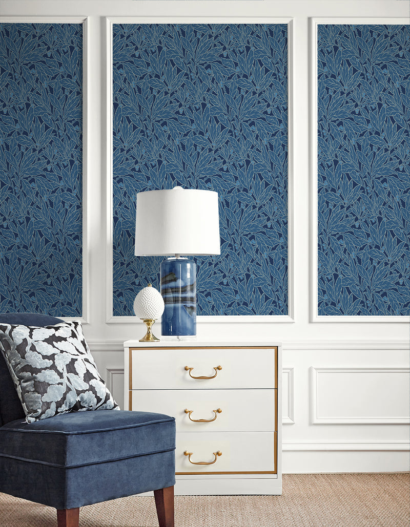 media image for Leaf and Berry Wallpaper in Marine Blue 214