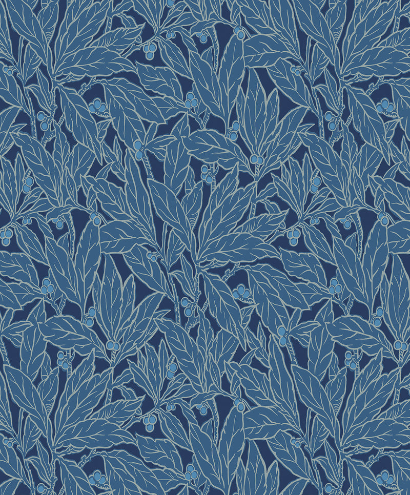 media image for Leaf and Berry Wallpaper in Marine Blue 224