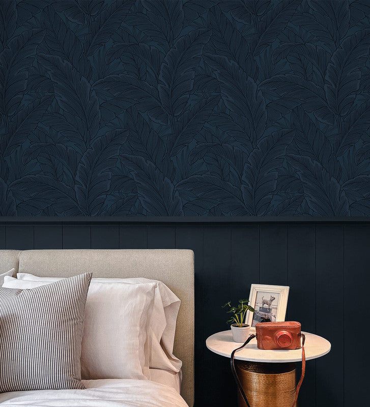 media image for Gulf Tropical Leaves Wallpaper in Navy Blue 246