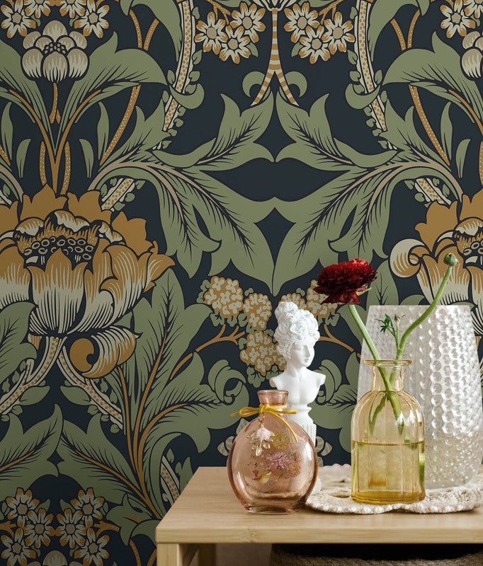 media image for Primrose Garden Wallpaper in Midnight Blue & Goldenrod 225