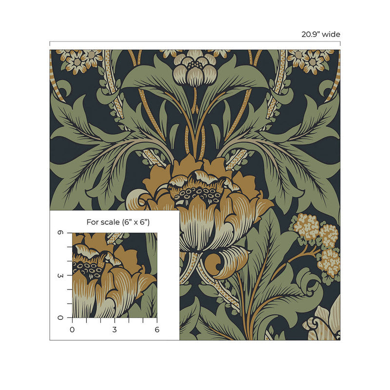 media image for Primrose Garden Wallpaper in Midnight Blue & Goldenrod 229