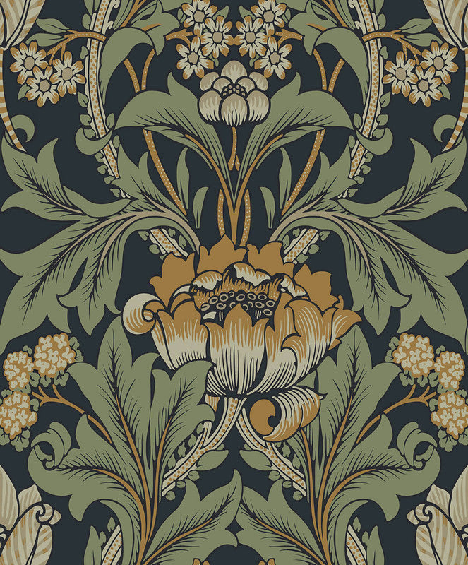 media image for Primrose Garden Wallpaper in Midnight Blue & Goldenrod 23