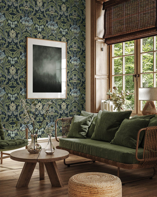 media image for Primrose Garden Wallpaper in Midnight Blue & Sage 218