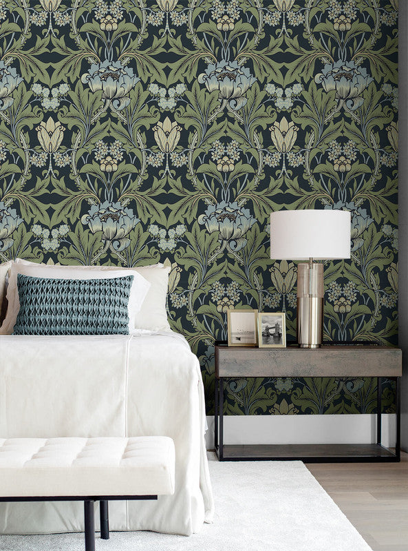 media image for Primrose Garden Wallpaper in Midnight Blue & Sage 294